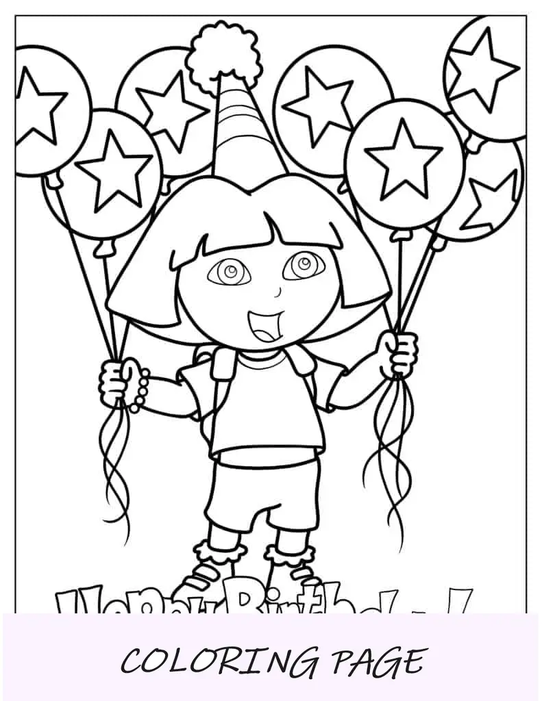 Dora sosteniendo globos de feliz cumpleaños para colorear