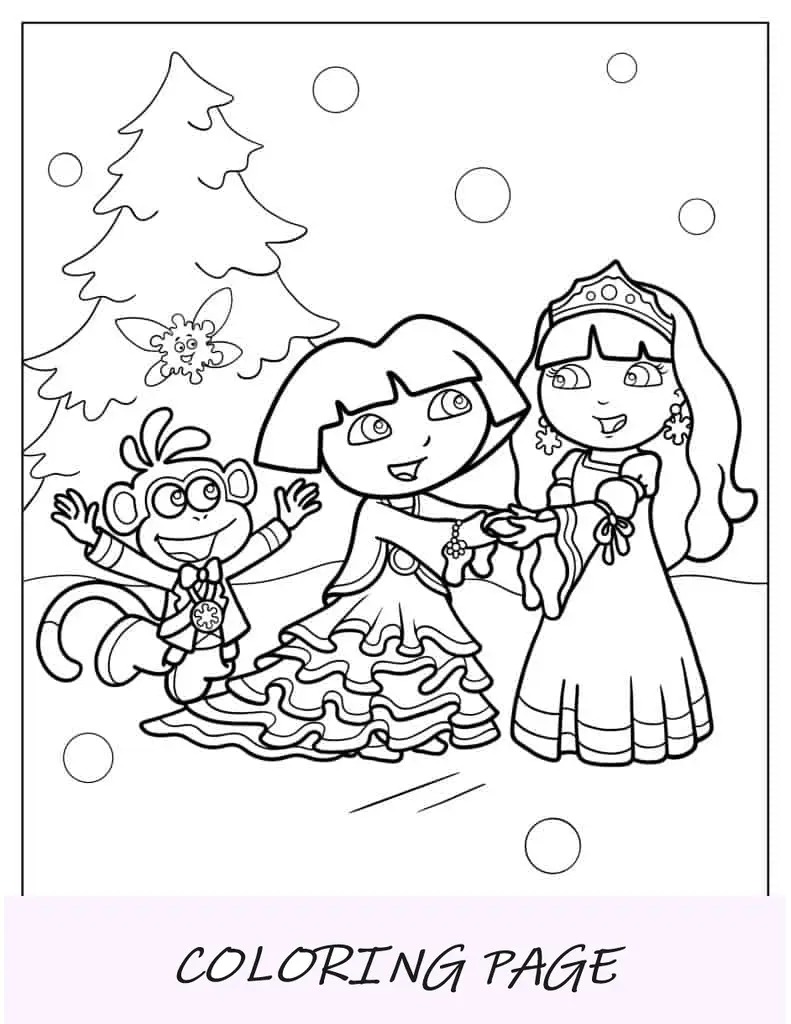 Dora con botas y amiga durante el invierno.