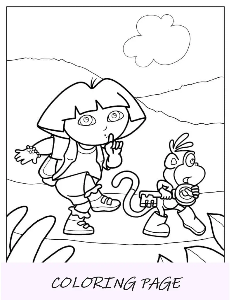 Página para colorear de Dora y Botas arrastrándose silenciosamente