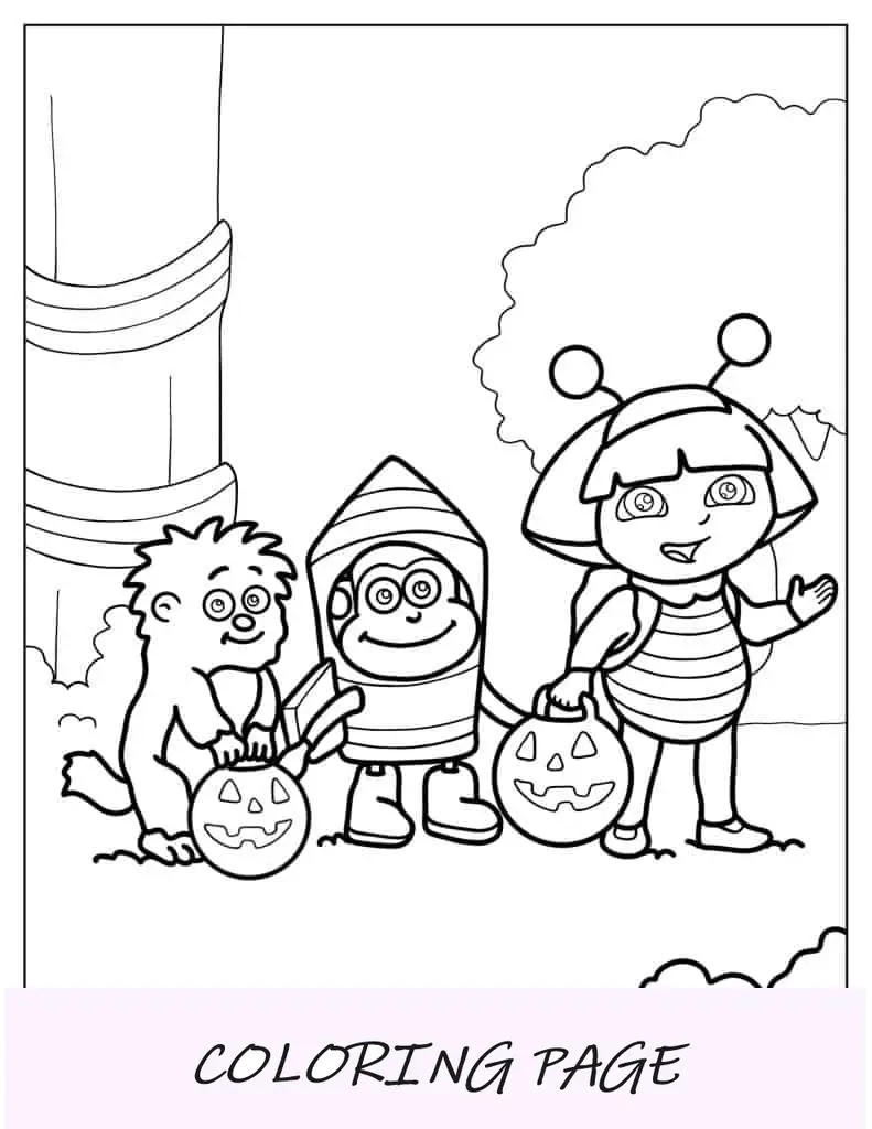 Página para colorear de Dora la exploradora con temática de Halloween