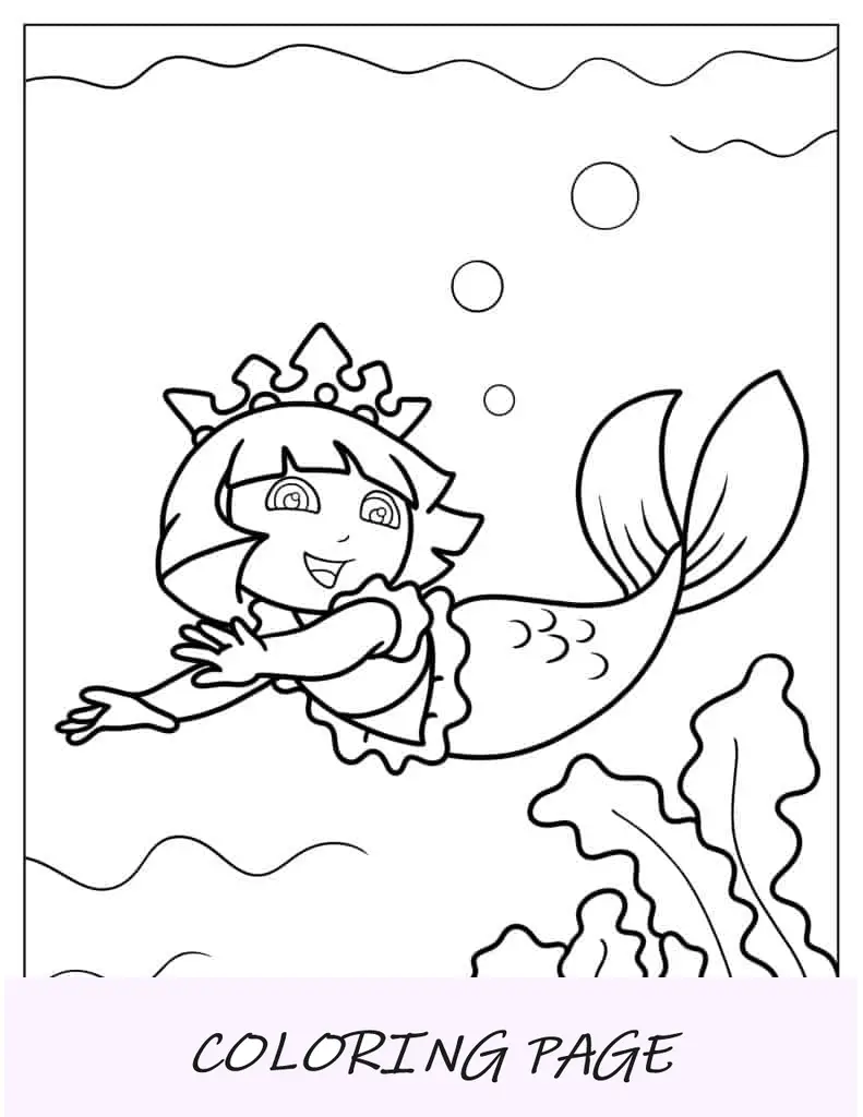 Página para colorear de Dora sirena para niños