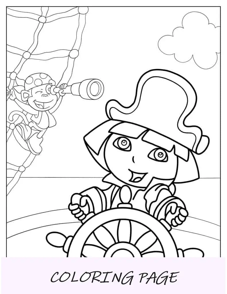 Dora Pirata Con Botas En Barco Para Colorear