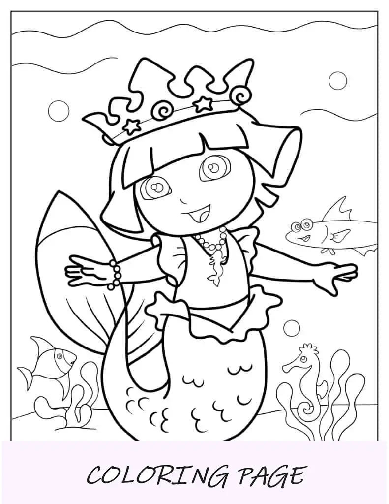 Hoja para colorear Princesa Sirena Dora