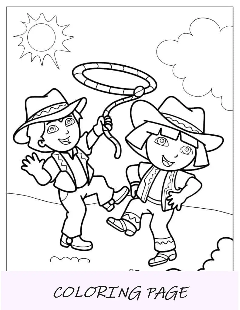 Dora y Diego disfrazados de vaquero y vaquera para colorear