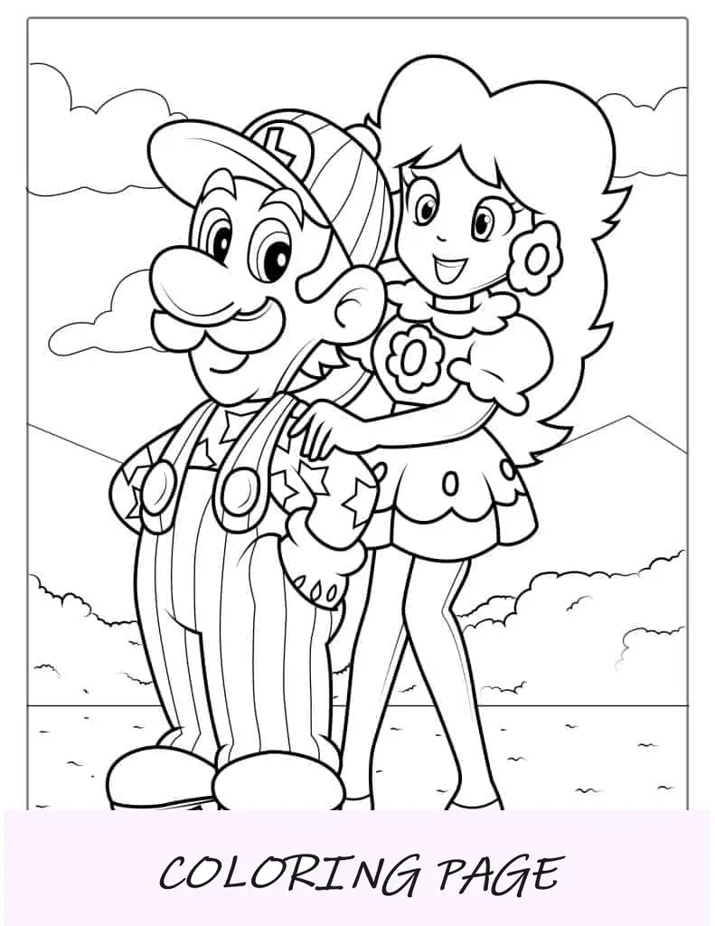 Página para colorir de Luigi e Princesa Peach