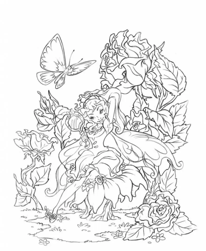 Fairy In The Flowers Coloring Page Printable
