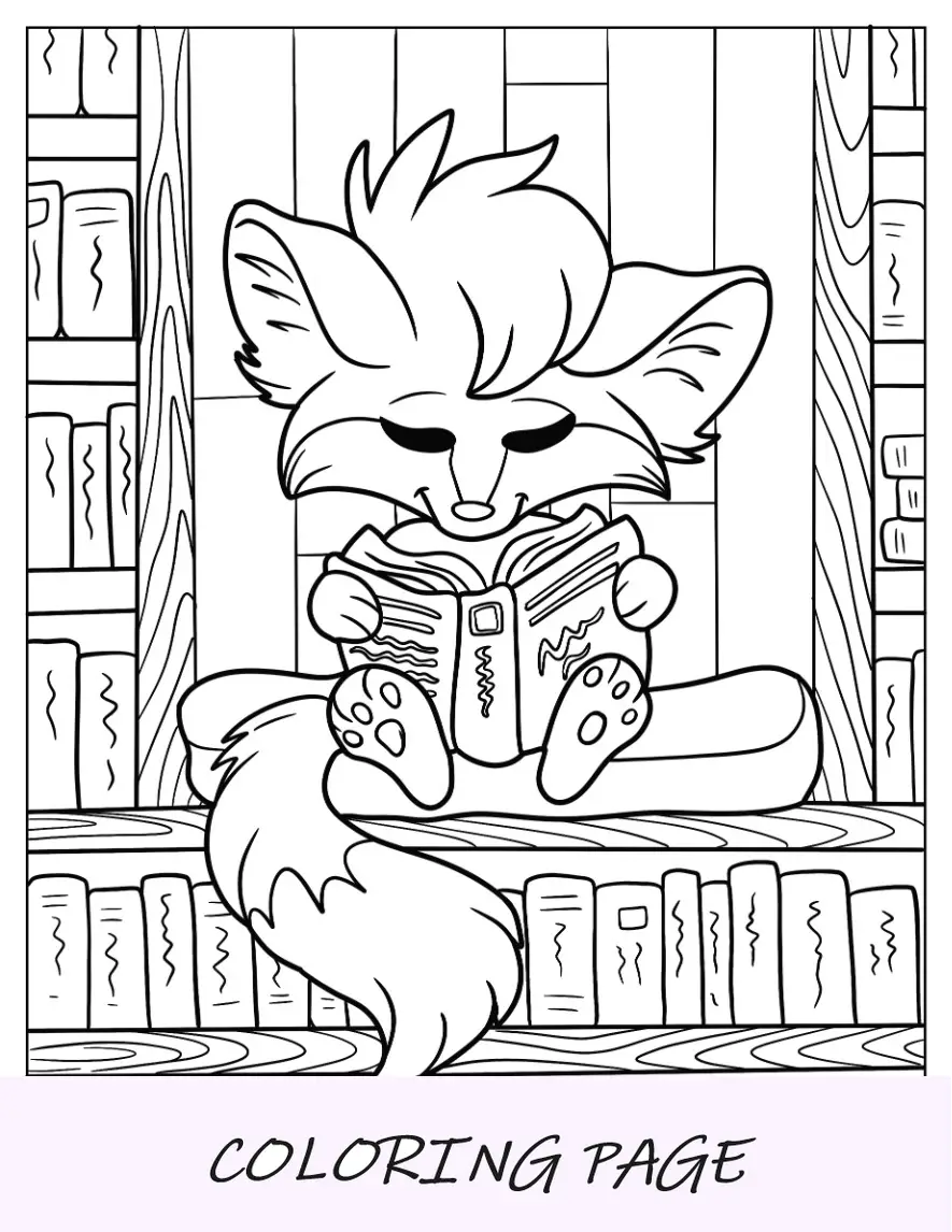 Baby Cartoon Fox libro da colorare pagina di lettura in biblioteca