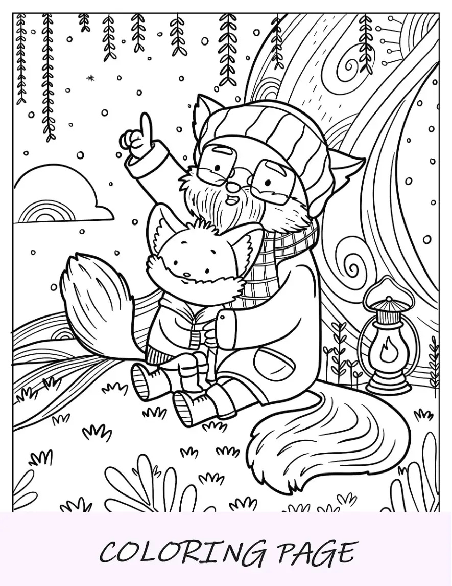 Pagina da colorare di nonno volpe con piccola volpe all'aperto a Natale