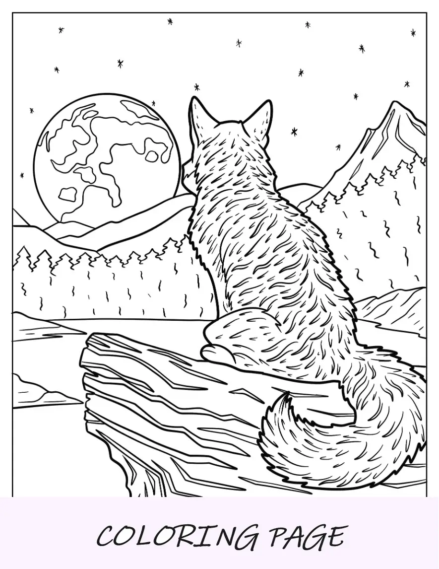 Pagina da colorare volpe guardando la luna piena