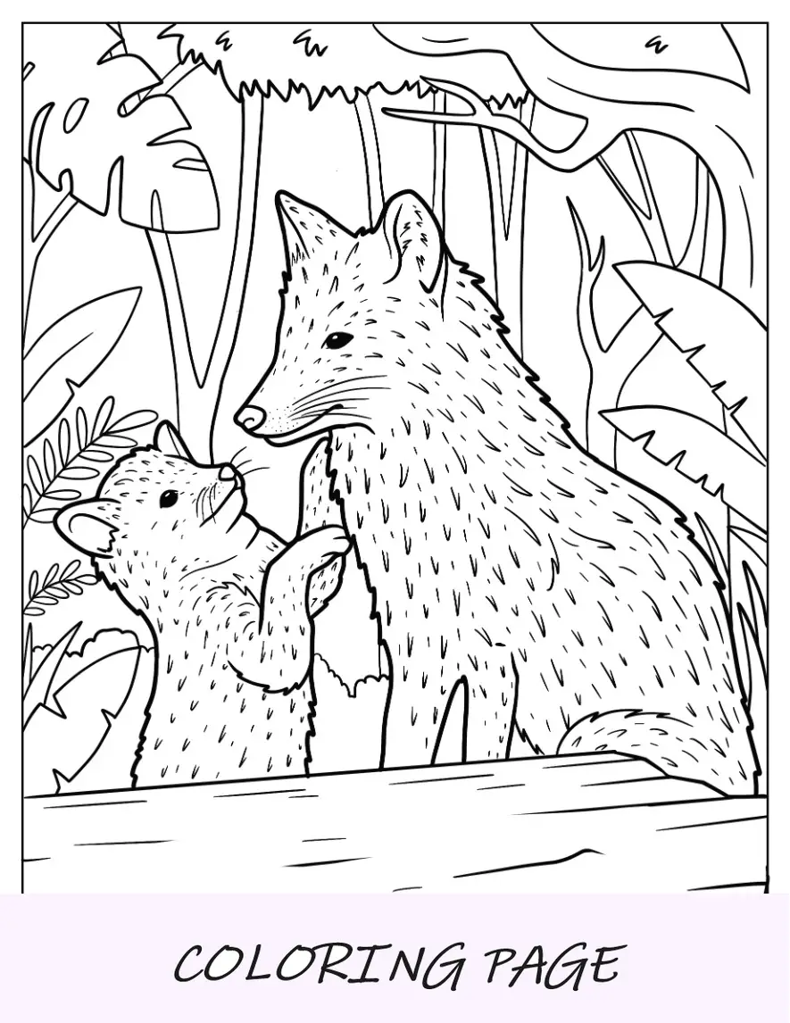 Pagina da colorare realistica di Mama Fox con la piccola volpe nella foresta