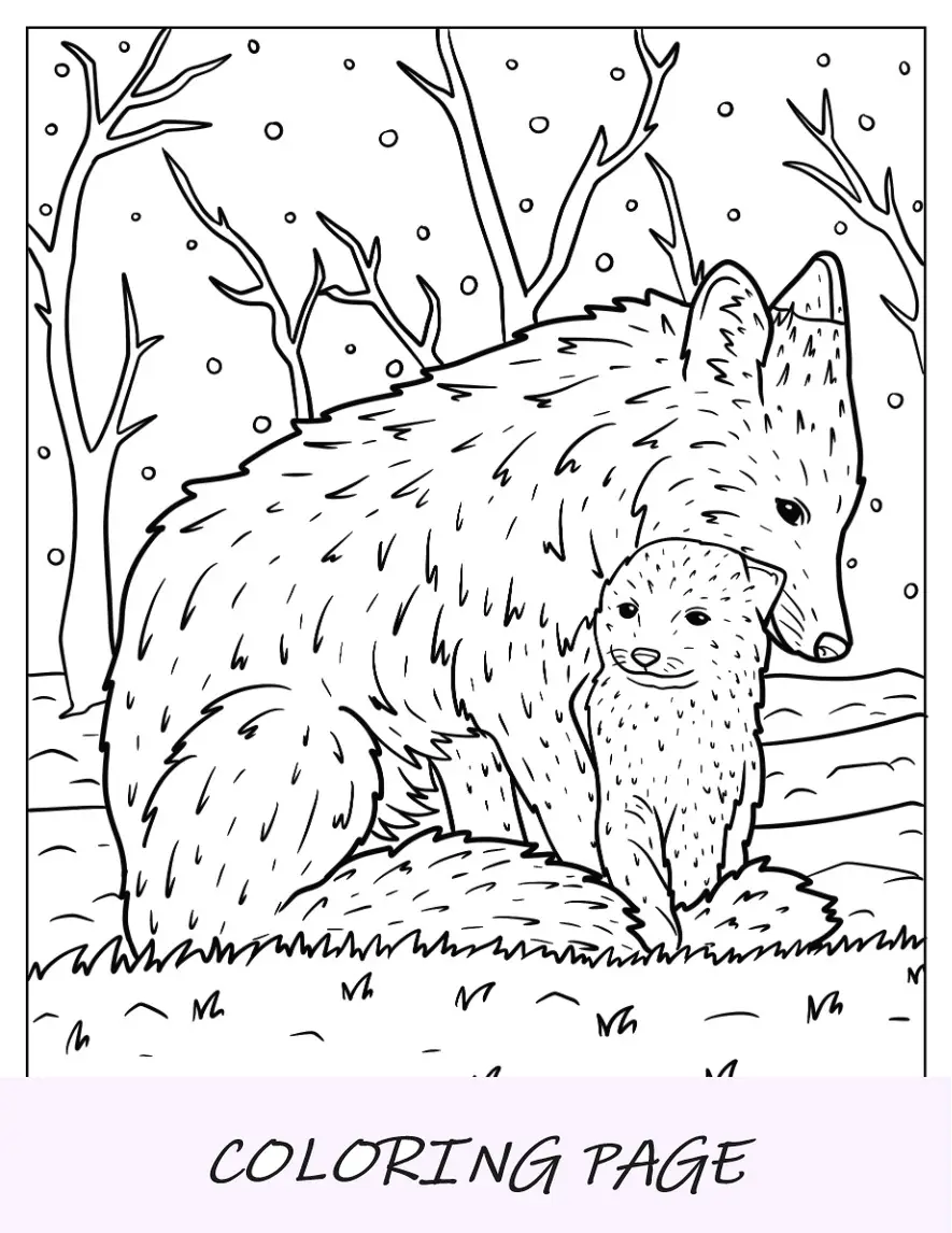 Pagina da colorare di Mama Fox che stringe a sé la piccola volpe nella foresta innevata