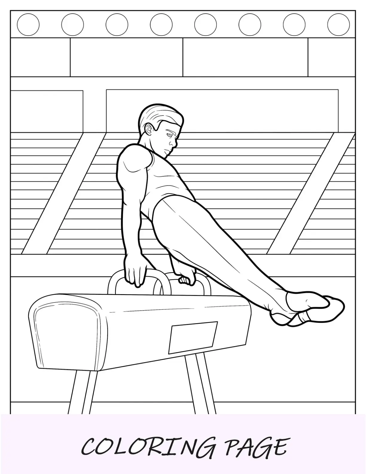 Página para colorir de ginástica de ginasta masculino realista em cavalo com alças