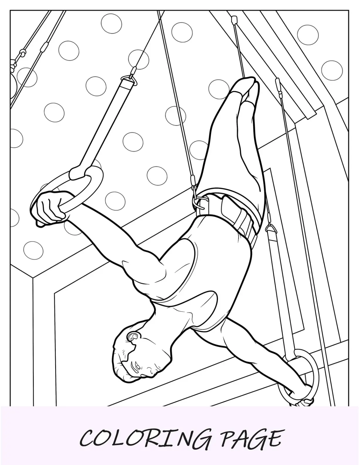 Página para colorir de ginástica de homem praticando em anéis de ginasta