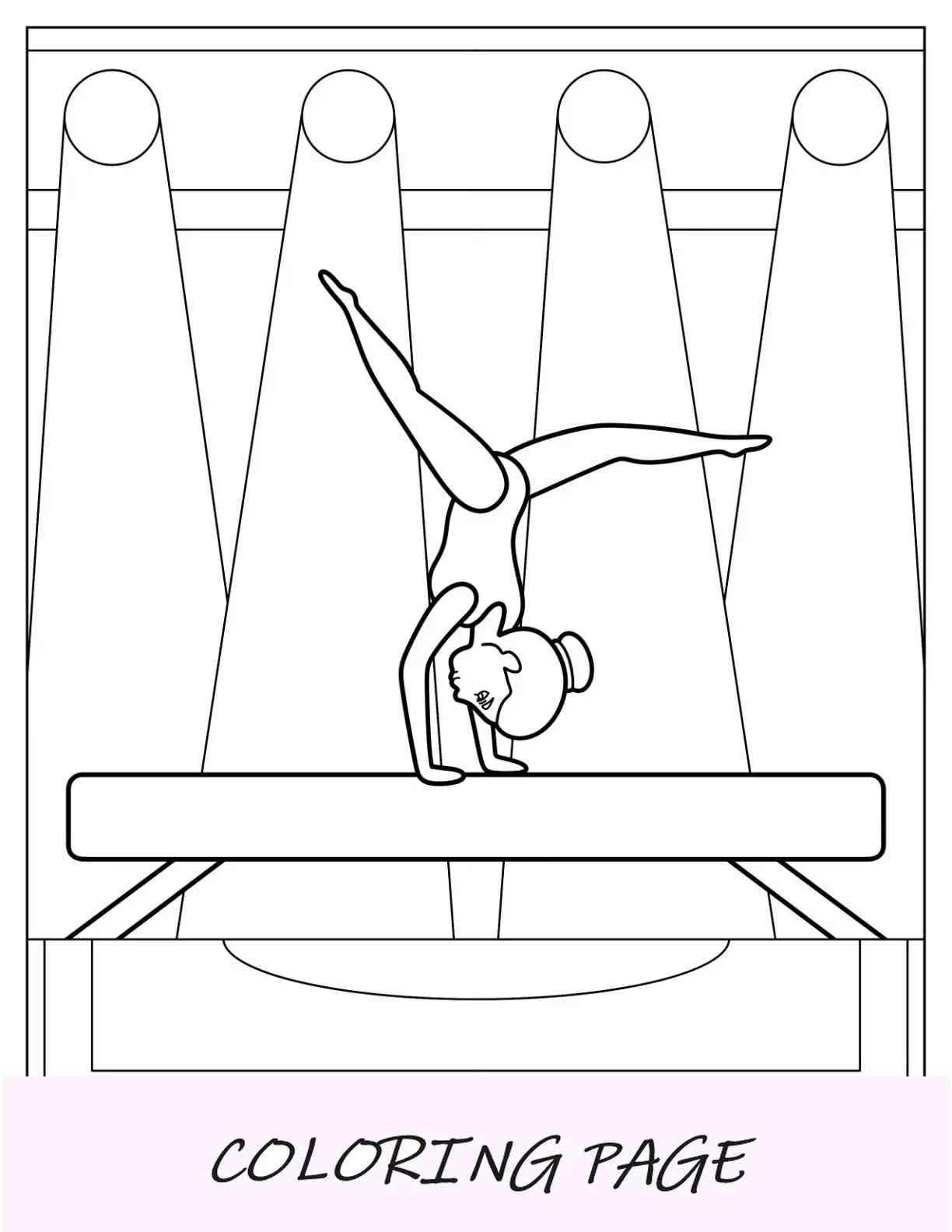 Página para colorir de ginástica de uma menina na trave