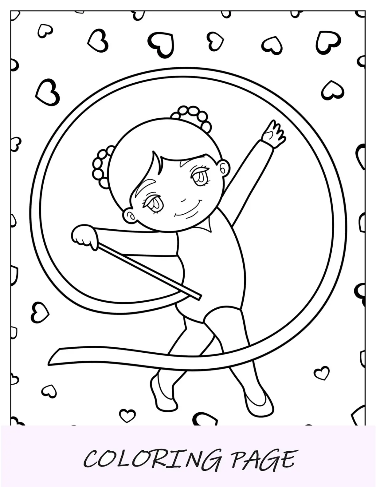 Página para colorir de ginástica de uma linda ginasta rítmica de desenho animado
