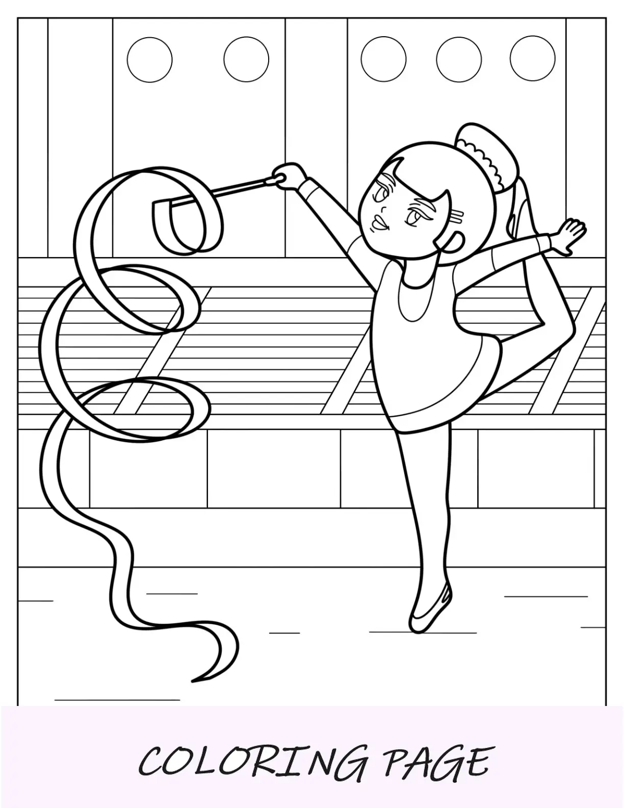 Página para colorir de ginástica rítmica de fita de menina de desenho animado