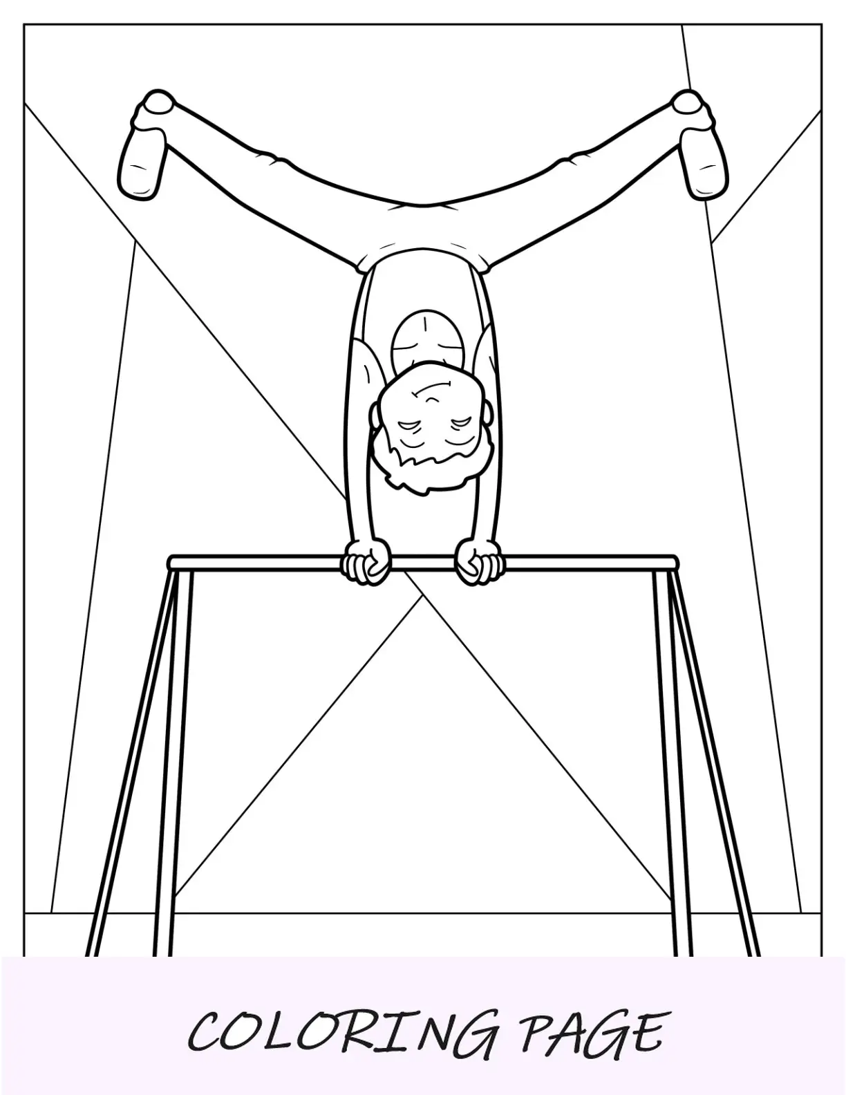 Página para colorir de ginástica de menino se equilibrando em uma barra irregular