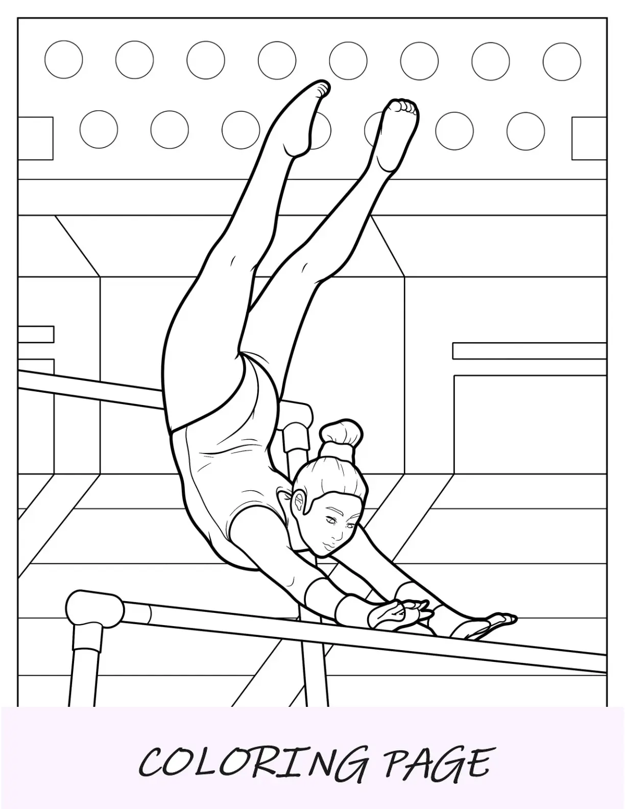 Página para colorir de ginástica de Suni Lee na barra irregular