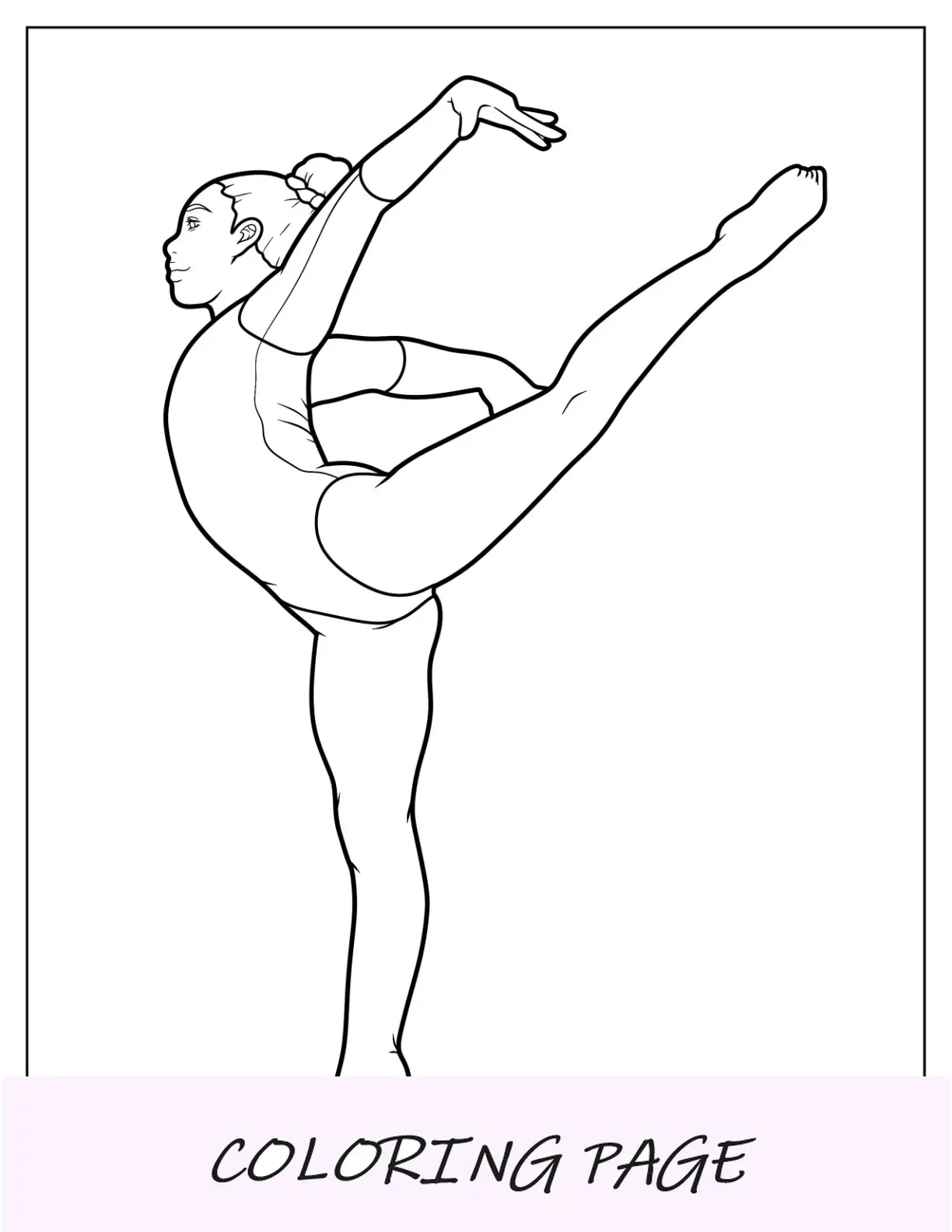 Página para colorir de ginástica de ginasta na trave se equilibrando em uma perna