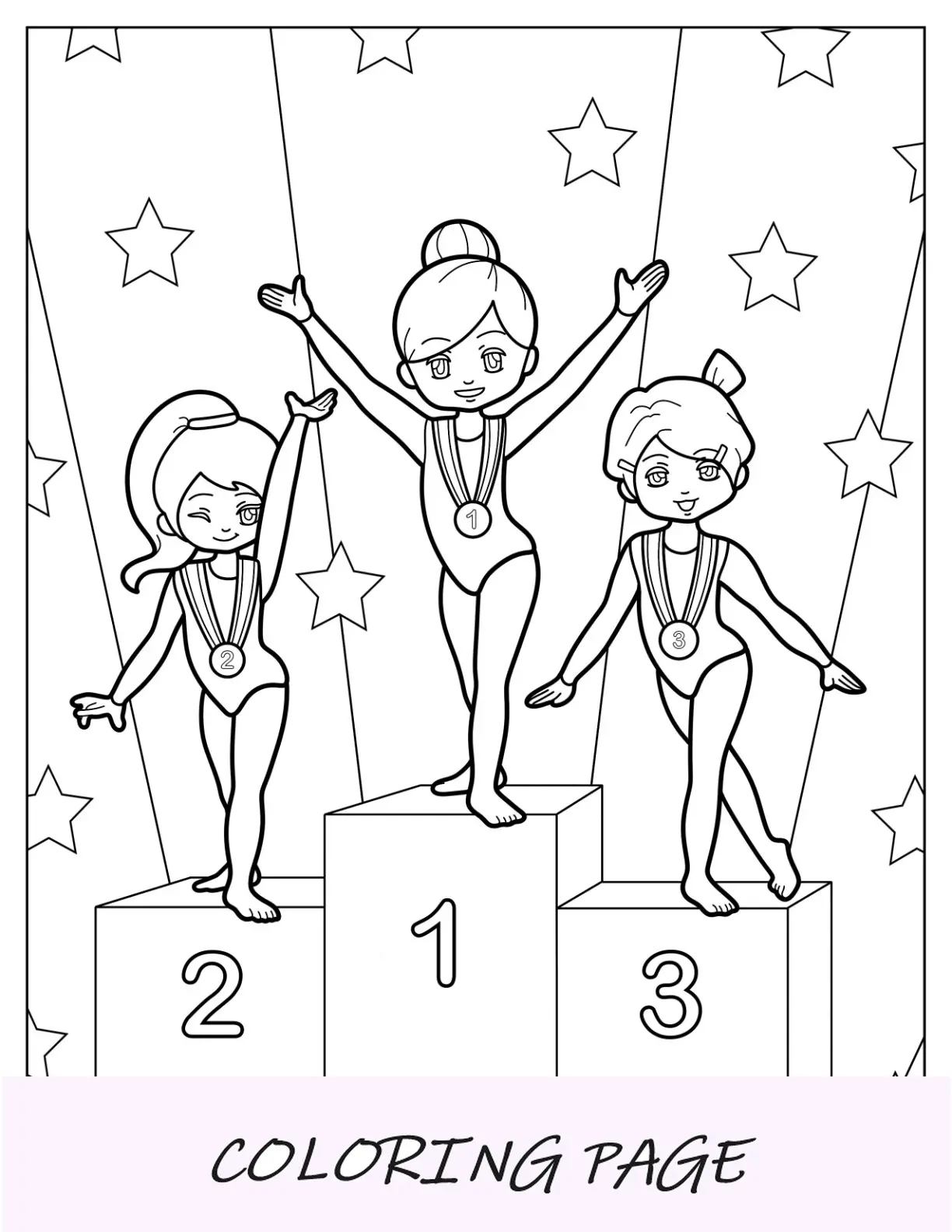 Página para colorir de ginástica da cerimônia de premiação de ginastas de desenho animado