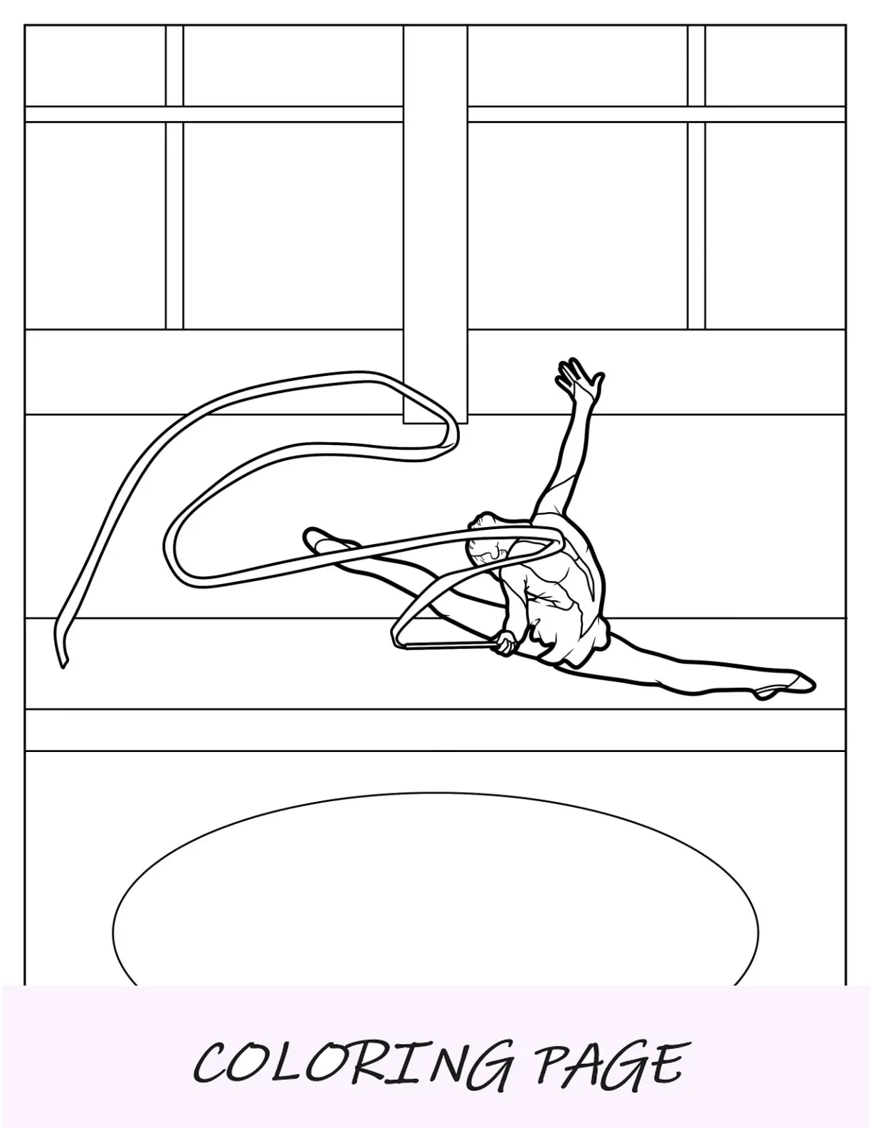 Página para colorir de ginástica com desempenho de fita de ginasta rítmica