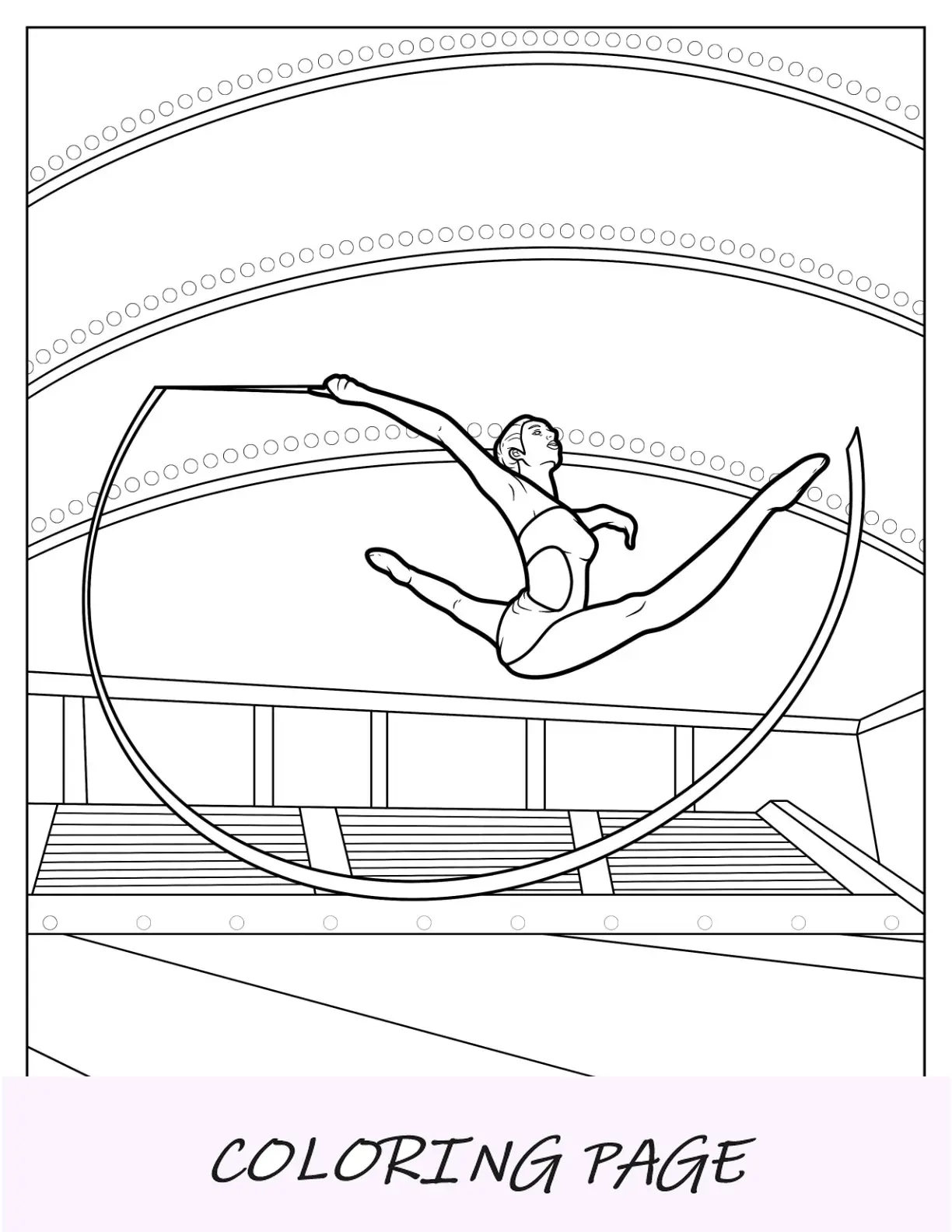 Página para colorir de ginástica com divisão de ar de ginasta rítmica com fita