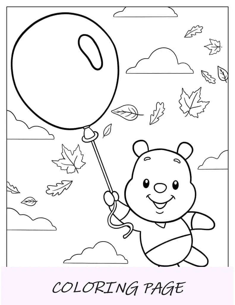 Kawaii Pooh flutuando com folhas de outono e balão