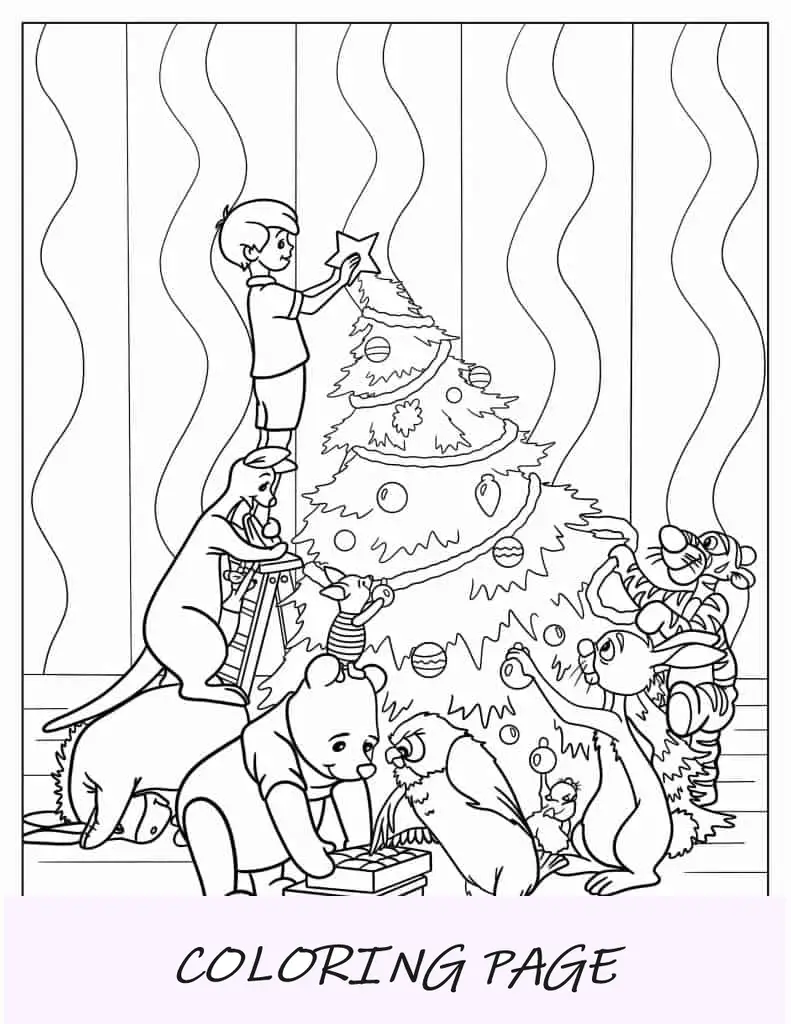 Página para colorir de Pooh e amigos decoram árvore de Natal