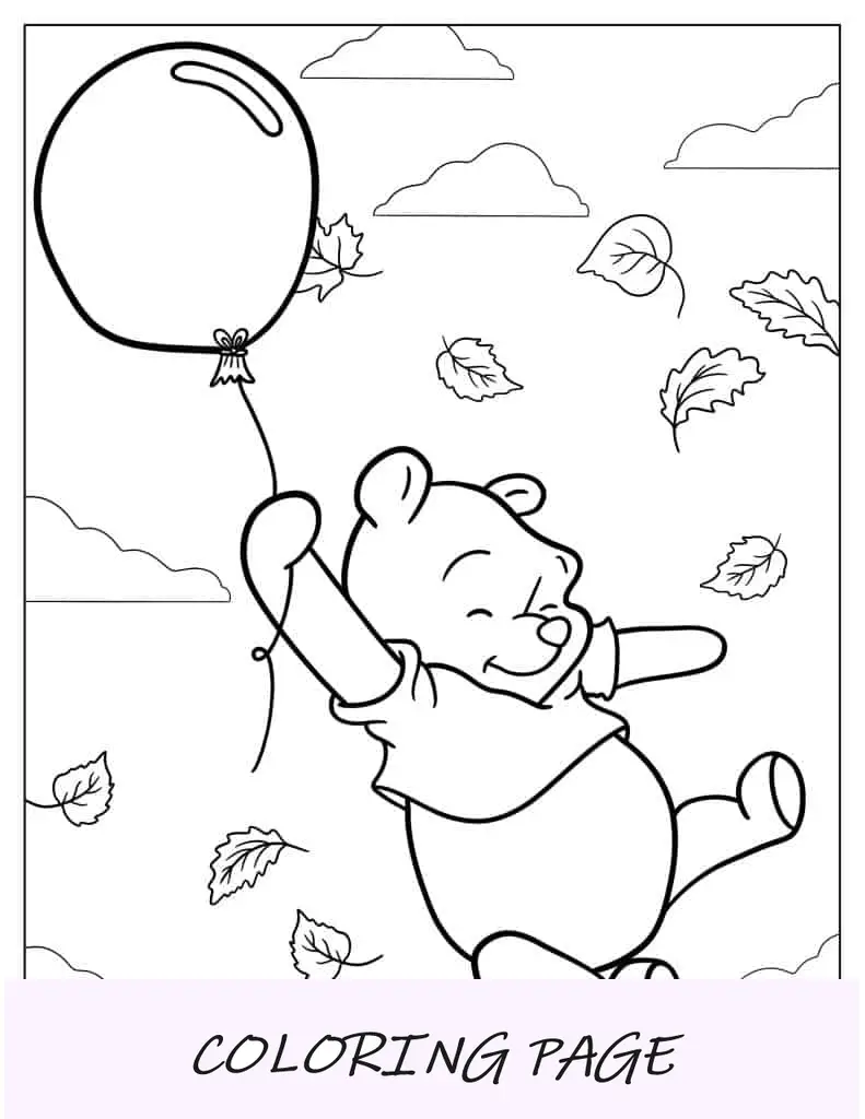 Ursinho Pooh com balão e folhas de outono