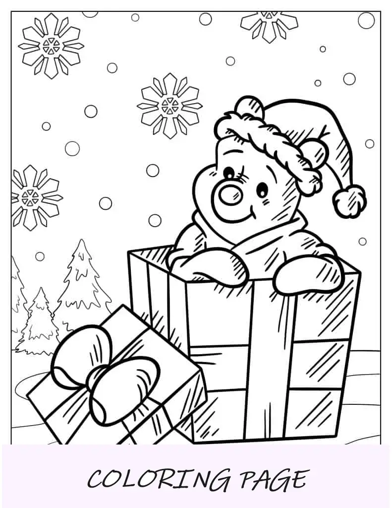 Página para colorir do Ursinho Pooh com tema de Natal