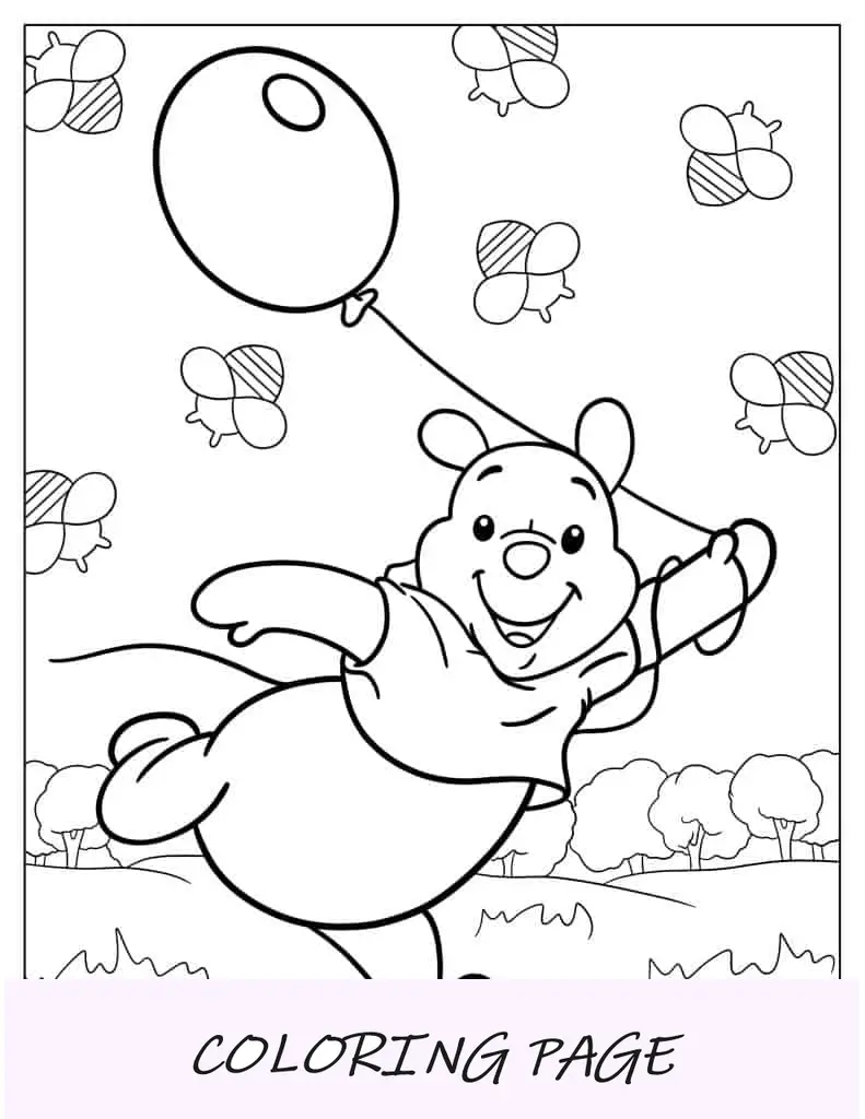 Pooh brincando no campo com balão para colorir