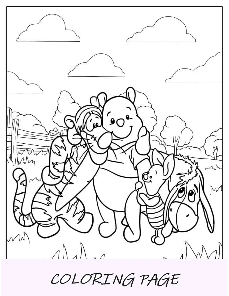 Folha para colorir Pooh com seus melhores amigos