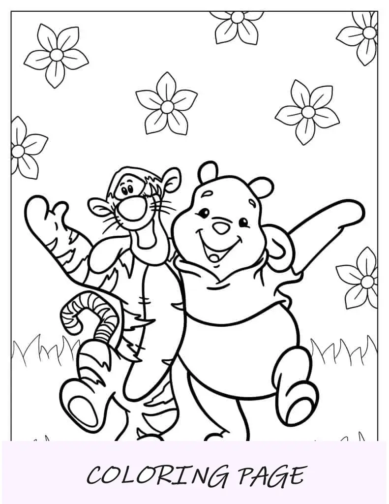 Folha para colorir adorável Winnine The Pooh e Tigger
