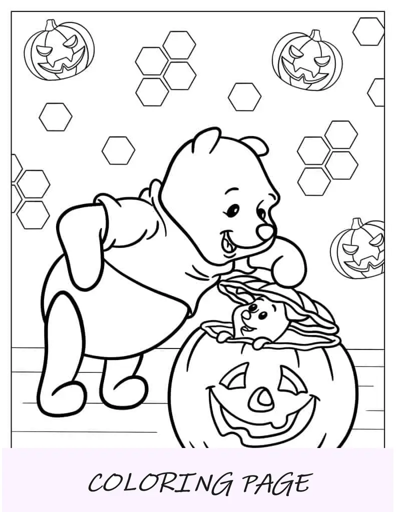Página para colorir do Ursinho Pooh com tema de Halloween