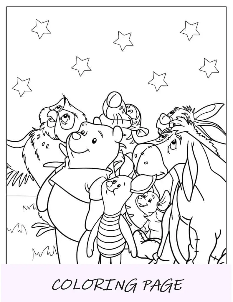 Personagens do Ursinho Pooh olhando para as estrelas