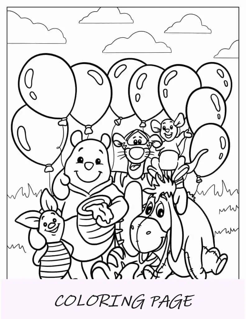 Página para colorir de feliz aniversário do Ursinho Pooh