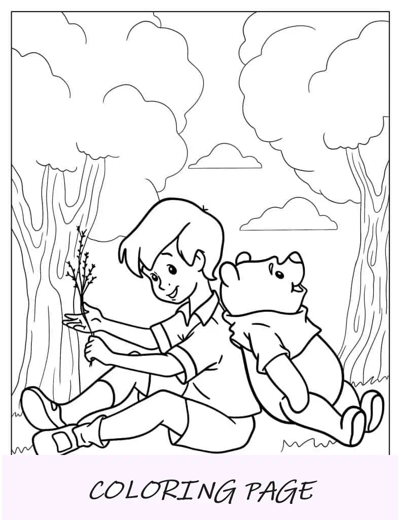 Christoper Robin e Pooh brincando na floresta