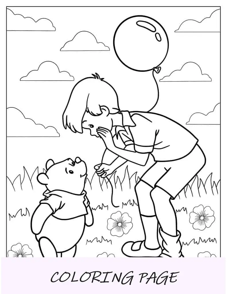 Christoper Robin e Pooh com balão