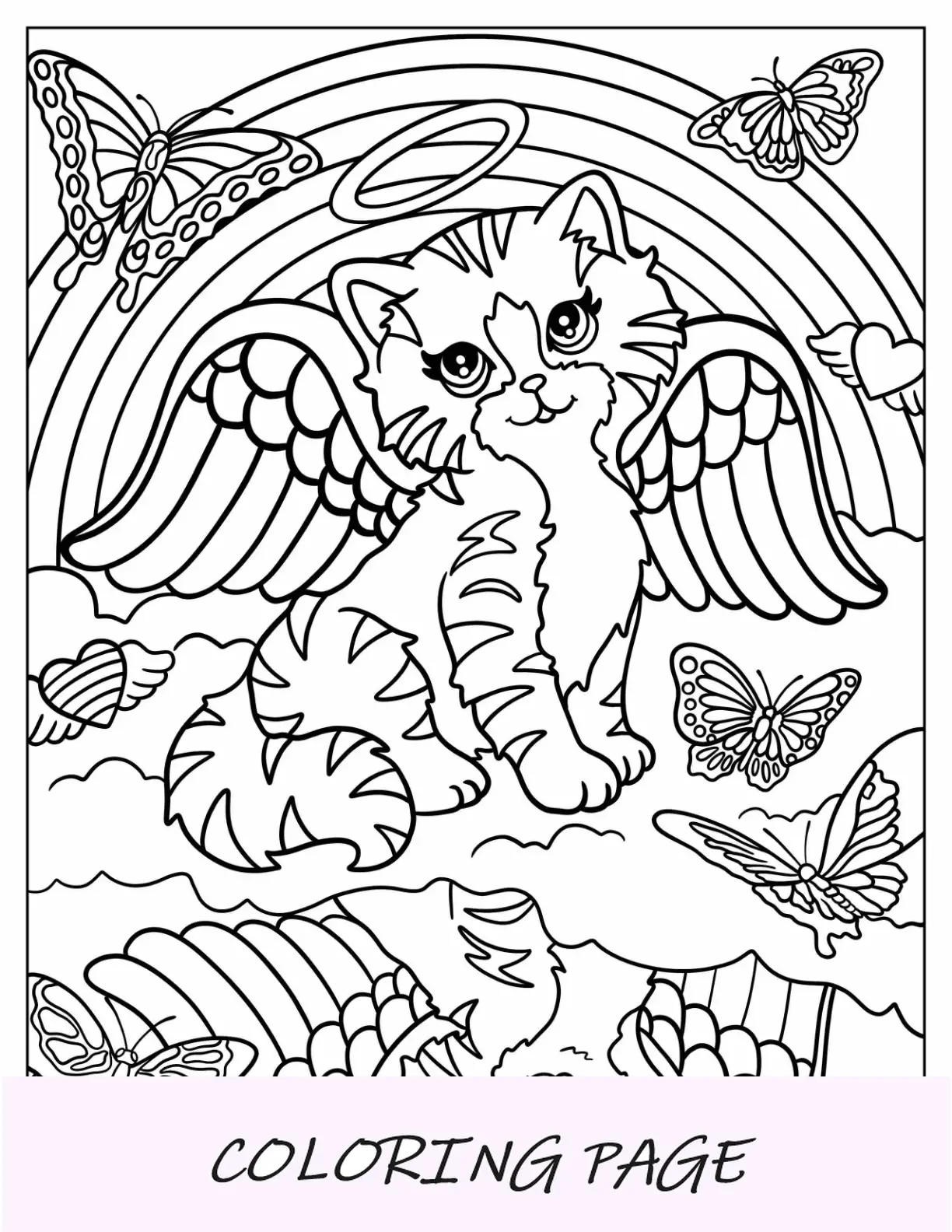 Página para colorear de Lisa Frank del gatito ángel arcoíris para niños