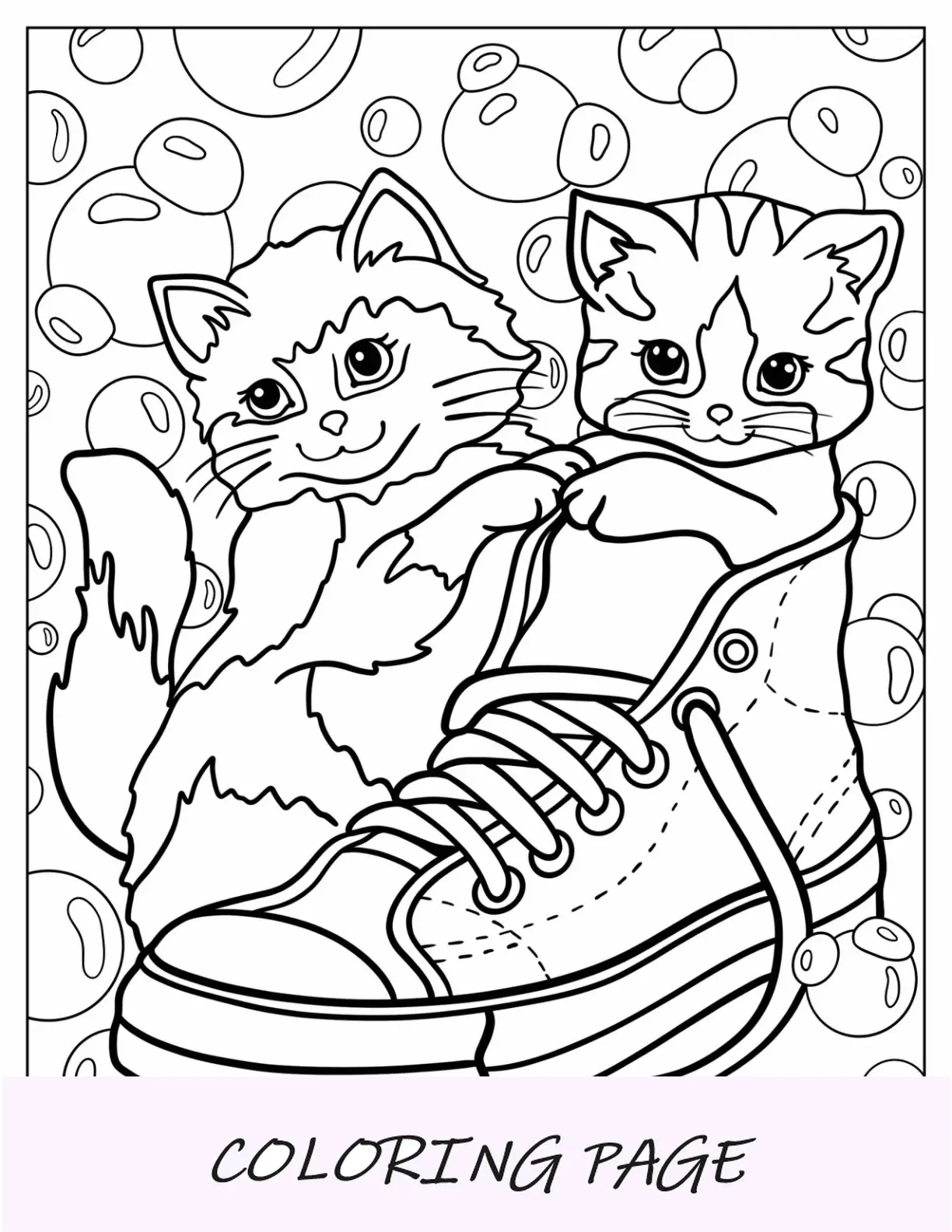 Página para colorear de Lisa Frank de zapatillas de gatito Kawaii para preescolares