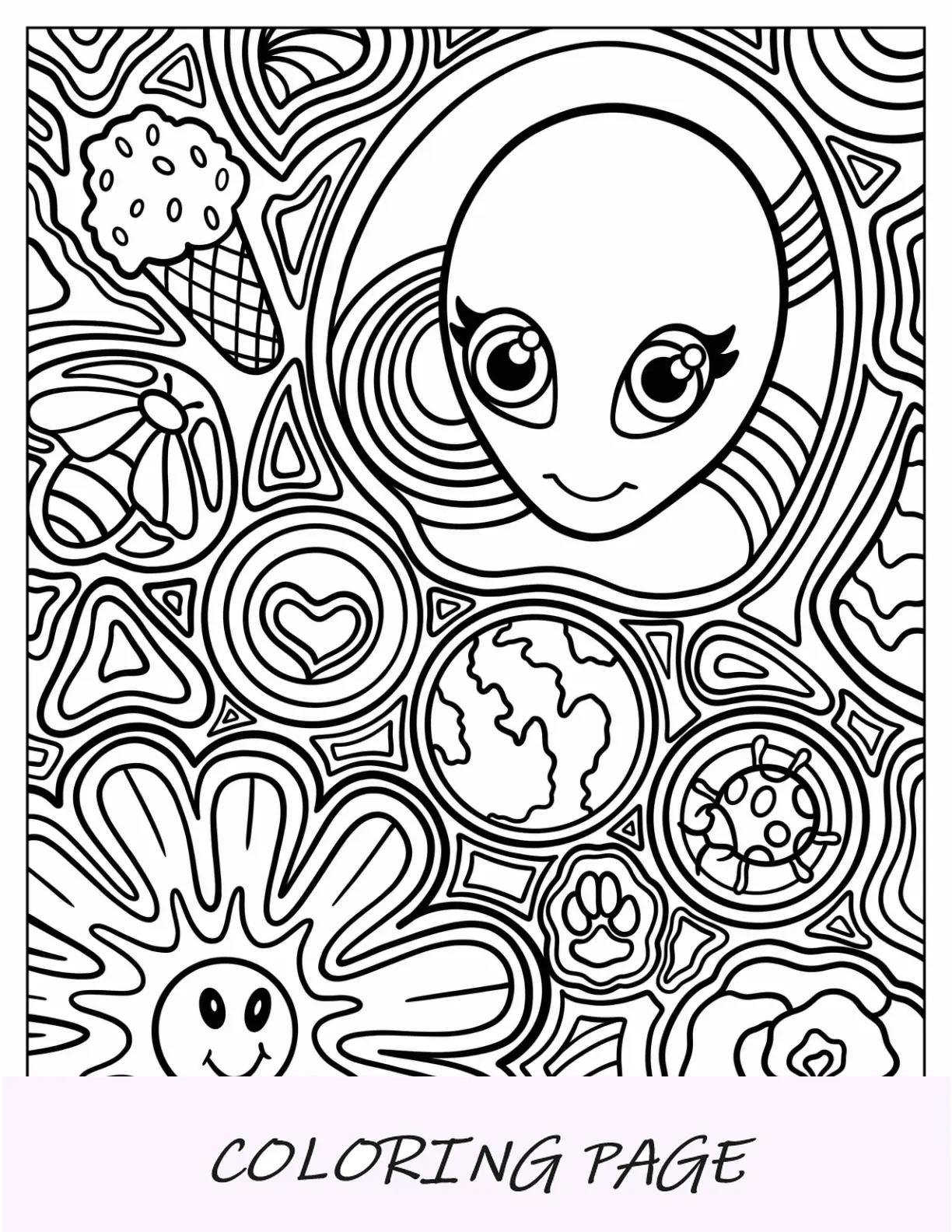 Página para colorear de Lisa Frank de Hippie Alien en el espacio