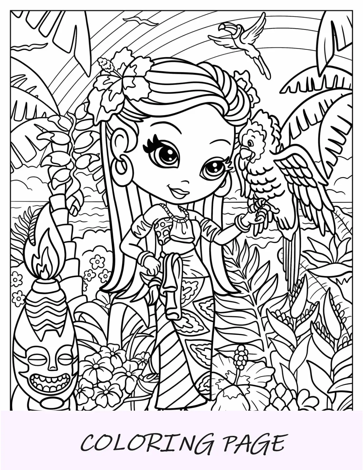 Página para colorear de Lisa Frank de una niña hawaiana sosteniendo un loro