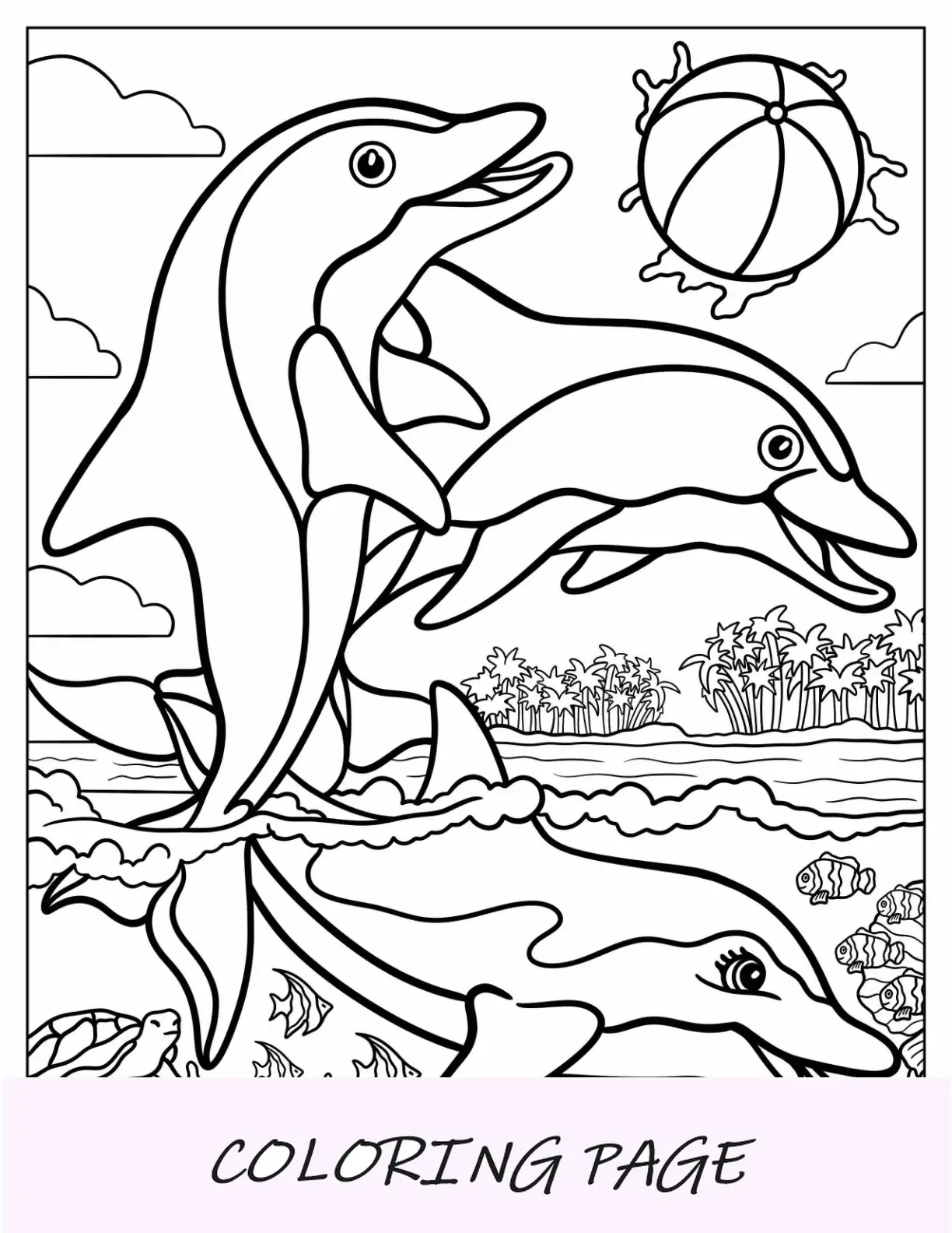 Página para colorear de Lisa Frank de delfines jugando con una pelota de playa para niños