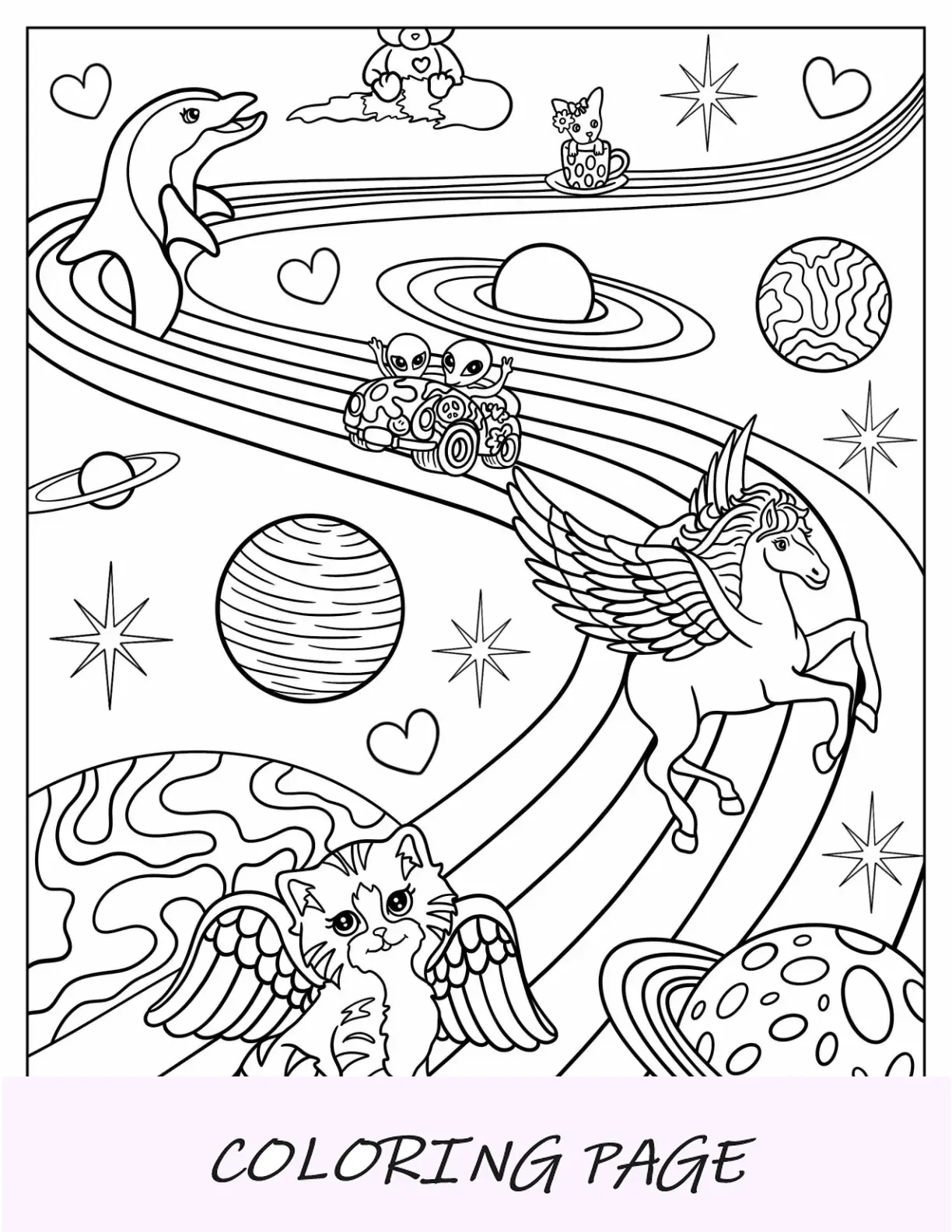 Página para colorear de Lisa Frank de unicornios, delfines y extraterrestres en el sistema solar