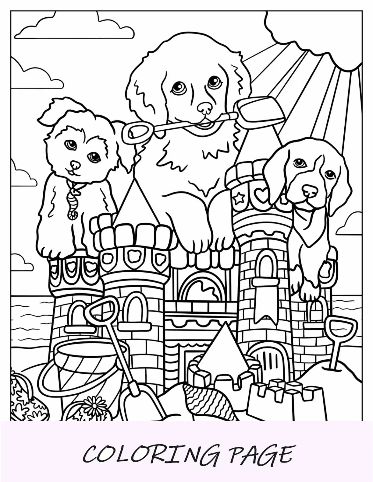 Página para colorear de Lisa Frank de Caymus con amigos perros en la playa