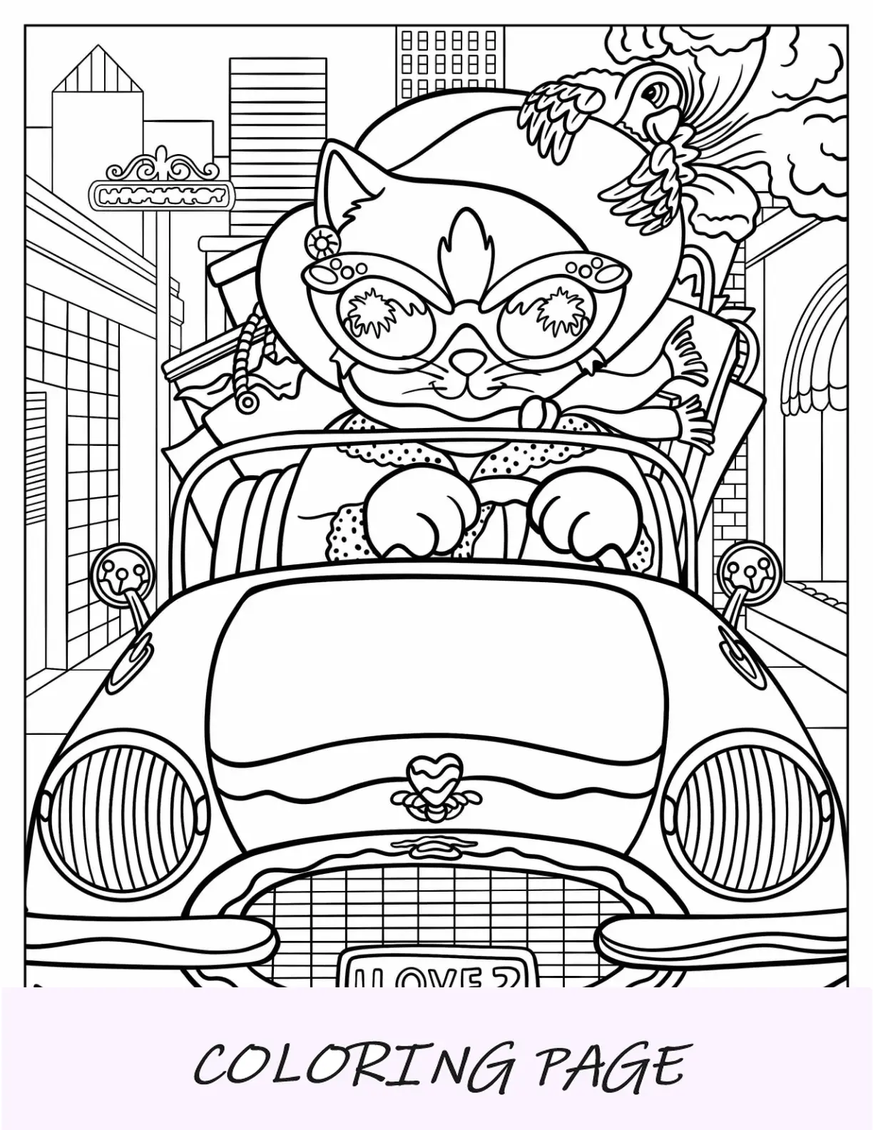 Dibujo para colorear de Lisa Frank del gato en el coche