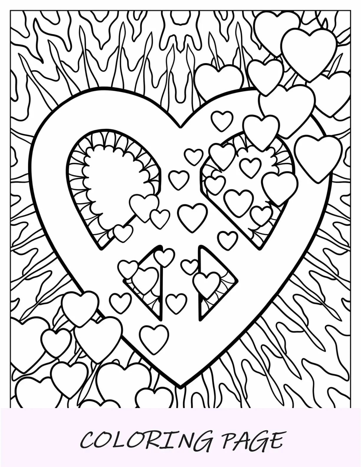 Dibujo para colorear de Lisa Frank del signo de la paz hippie con corazones