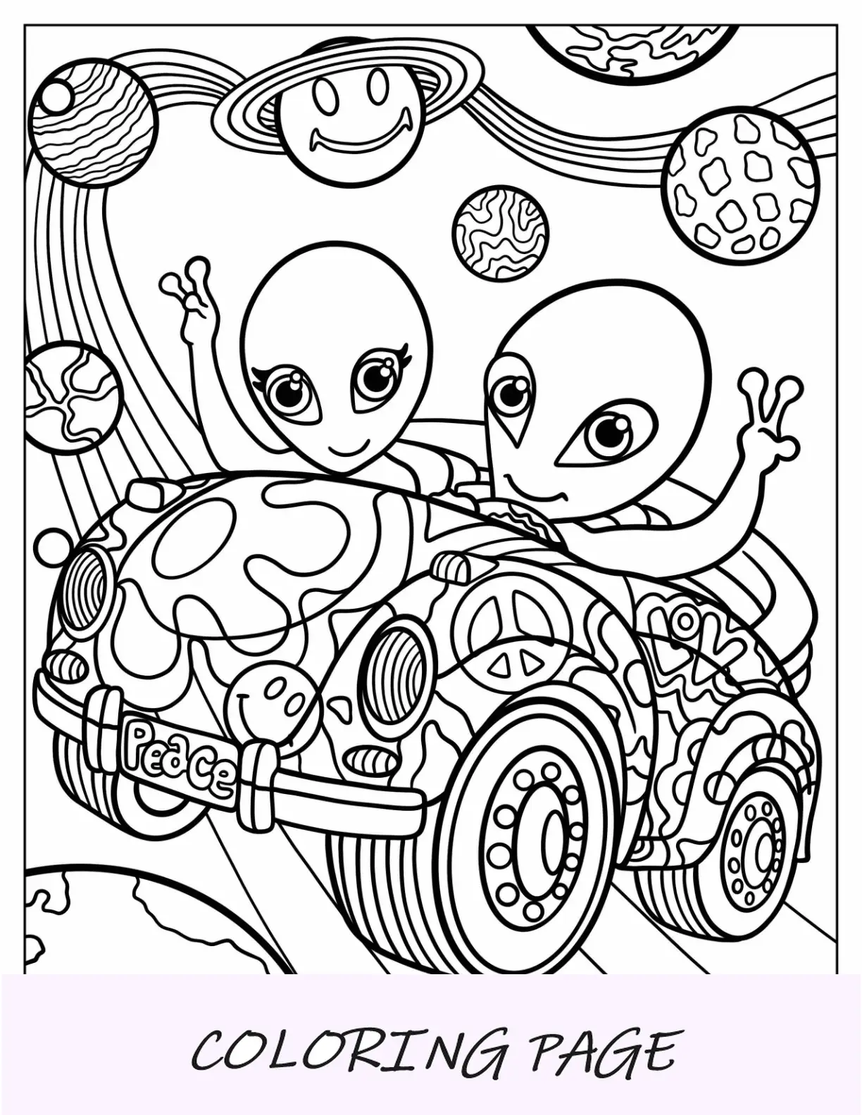 Página para colorear de Lisa Frank de dos extraterrestres haciendo el signo de la paz en el espacio