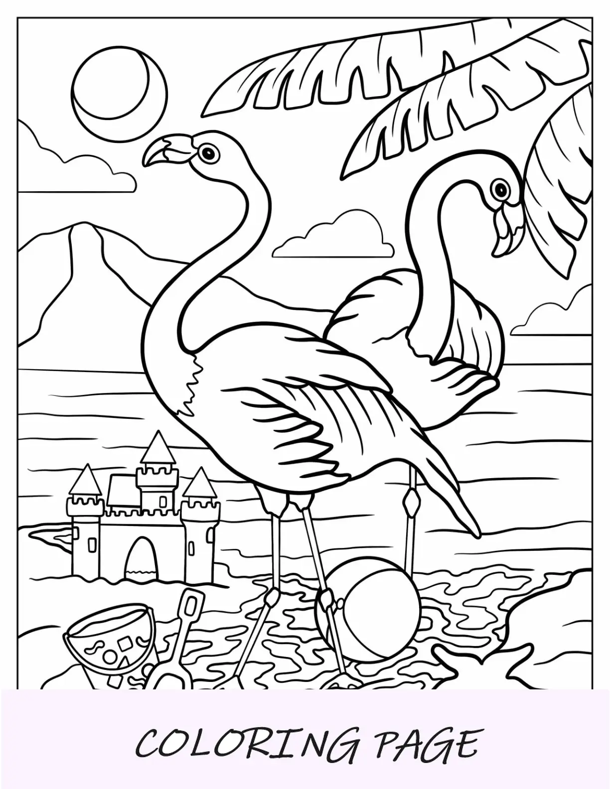 Página sencilla para colorear de Lisa Frank de flamencos en la isla