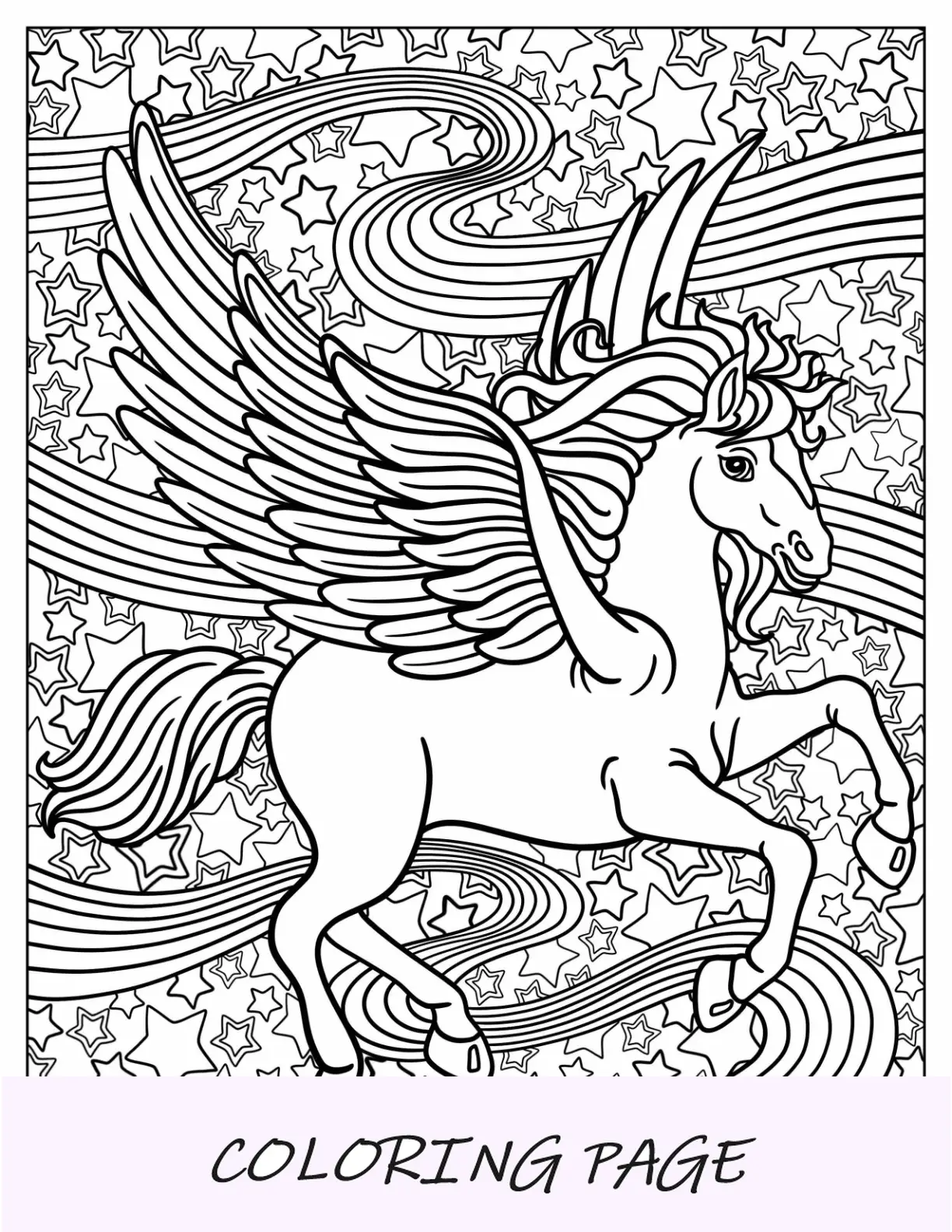 Página para colorear de Lisa Frank del unicornio Markie con estrellas y arcoíris